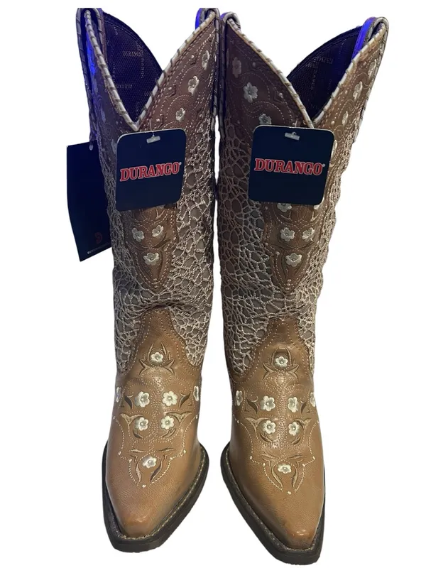 Durango cowboy boots tan leather white lace-like shaft floral - Image 5