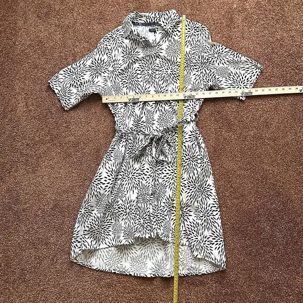 Katie Kimes Shirt Dress Med Belted Button Up Blk White Mums Floral Burst Retro - Image 6