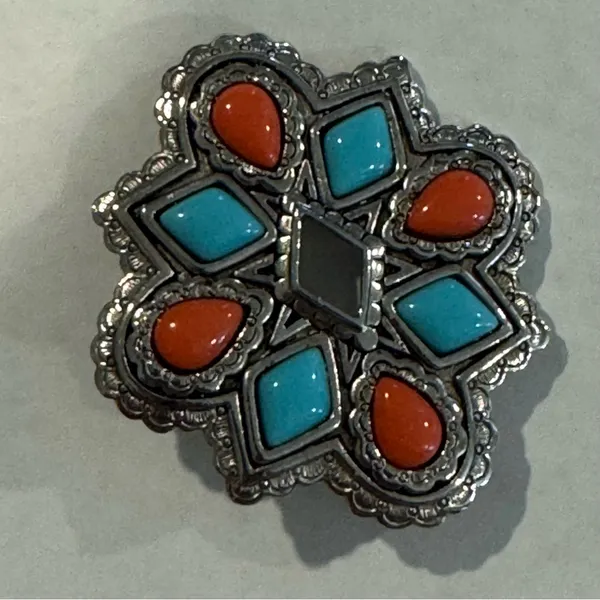 Vintage Silver Brooch with Turquoise and Coral Accents - Image 4