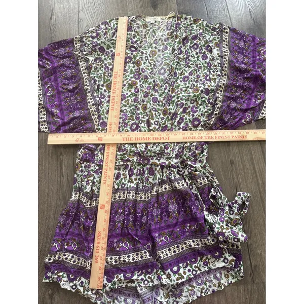 Umgee Womens 1XL Purple Floral Boho Kimono Sleeve Romper Surplice V-Neck - Image 4