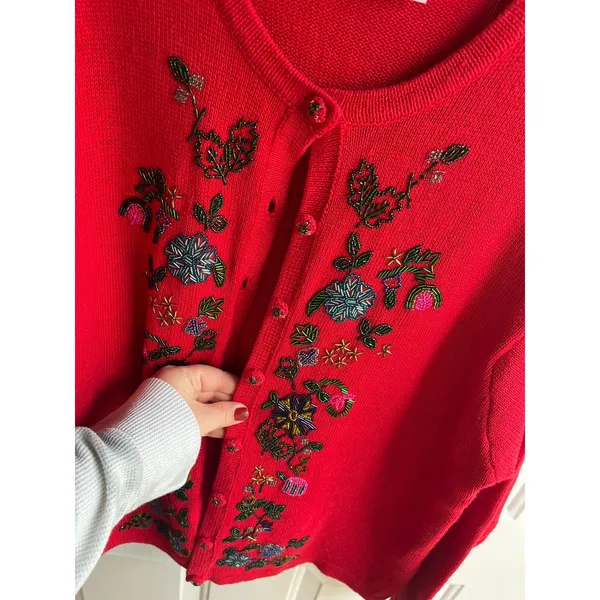 Victoria Jones 90's Women's Red Floral Beaded‎ Button Down Ramie Cardigan Large - Image 3