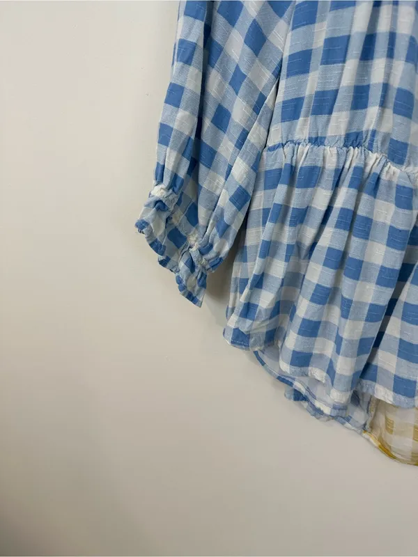 Cato Two-Tone Blue and Yellow Gingham Peplum Blouse Tie Back Size XL Women's - Image 3