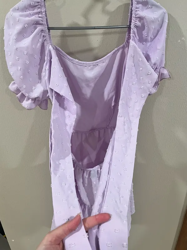 SHEIN Lilac Purple Swiss Dot Tie-Back Puff Sleeve Mini Dress Size XS - Image 4