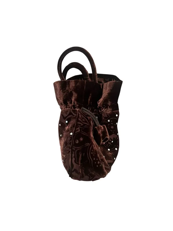 Rich Brown Velvet Drawstring Bucket Bag Ornate Tonal Paisley Rhinestones - Image 5