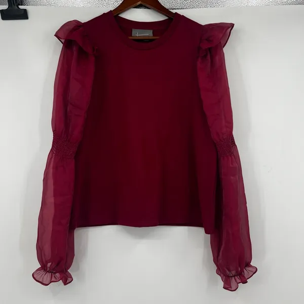 Anthropologie Ruffled Puff sheer Sleeve Blouse deep red romantic Victorian large - Image 2
