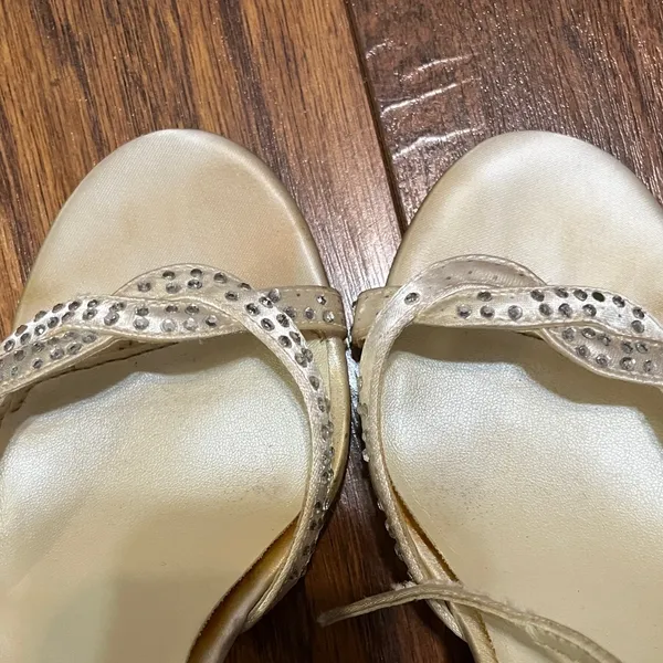 Off White Satin Strappy Jeweled Heels Size 7 - Image 9
