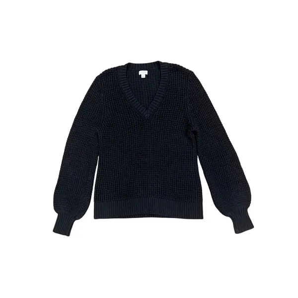 J.Crew Black Textured Knit Balloon Sleeve V-Neck Sweater L - Image 2