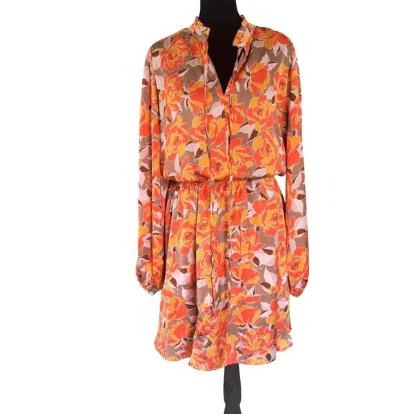 Emily Wonder Womens 1X Floral Mini Dress Orange Tan Tiered Boho 1X-18‎ - Image 4