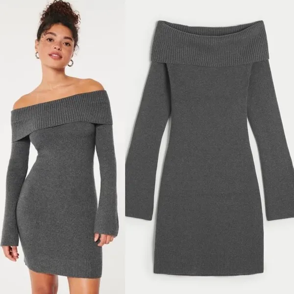Hollister Sweater Dress Women Small Gray NWT‎ Off Shoulder Ribbed Knit Coquette - Image 2