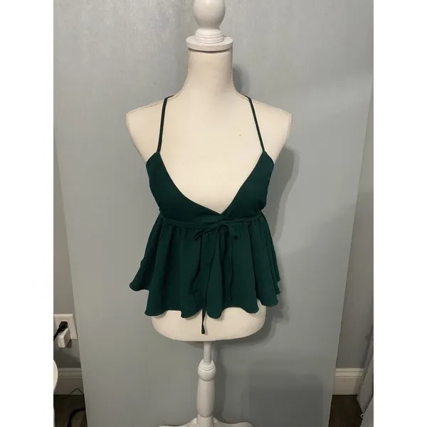 Urban Outfitters Womens Cami Top Dark Green Babydoll Front Tie Size Extra Small - Image 3