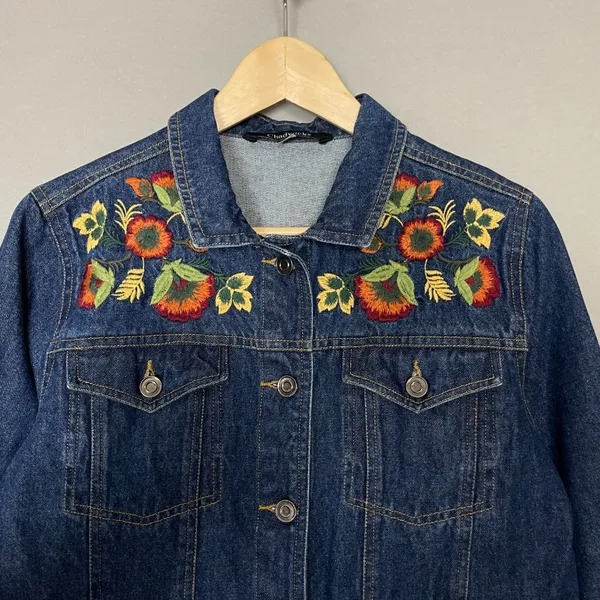 Embroidered Jean Jacket Autumn Colors Dark Wash Denim Women Size‎ Small Fall - Image 2