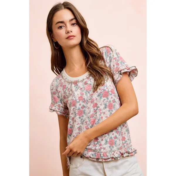 BiBi Rose‎ Printed Slub Knit Ruffled Sleeves Top - Image 9