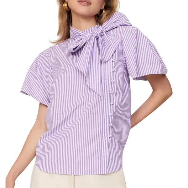 Adam Lippes x RTR Tie Neck Stripped Top in White/Purple, Size US 4​ - Image 2