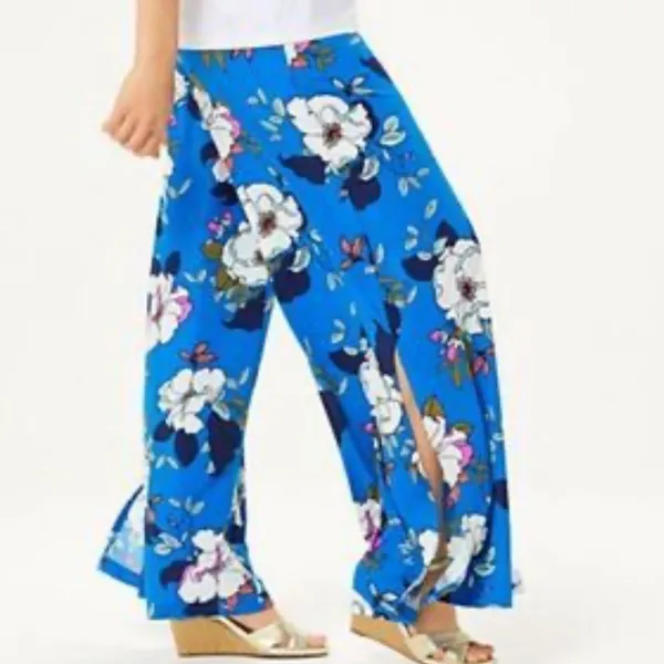 Gill Blue Floral Wide Leg Palazzo Pants White Flower Print Bohemian Flowy Casual - Image 4