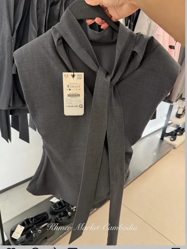 ZARA NWT ruched side wrap tie neck Charcoal Gray Tie-Neck Sleeveless Top - Image 2