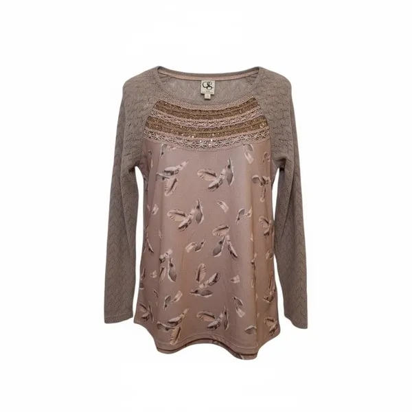One September Sequin Feather Print Knit Long Sleeve Top Beige Brown‎ Women's S - Image 5