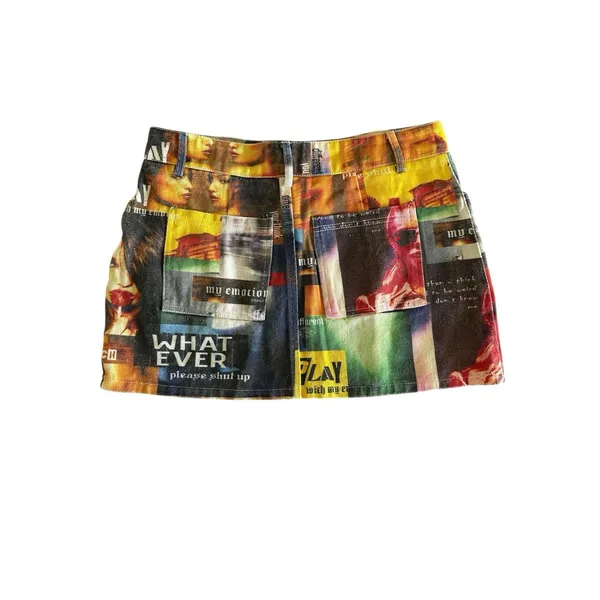 Edikted NWT Two Faced Denim Mini Skirt Small Collage‎ Photo Print Art Grunge 90s - Image 9