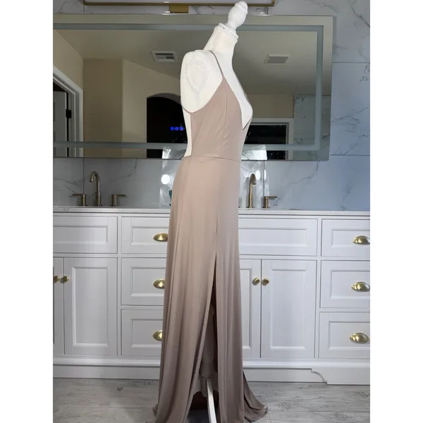 Maxi Dress Womens M Taupe Deep V-Neck Double Slit Open Back Gown - Image 4