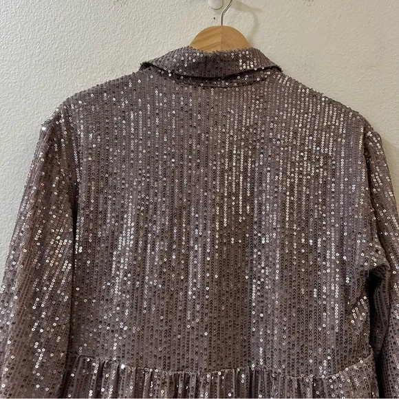 Anthropologie Maeve Bettina Mini Shirt Dress in Sparkly Silver Sequins Size XS‎ - Image 7
