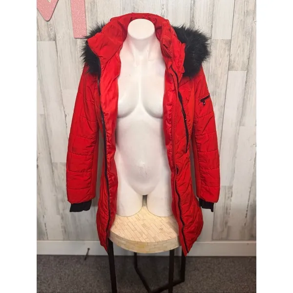 Michael Kors Women Red Puffer Coat Faux Fur Hood Winter Jacket Size - Image 4