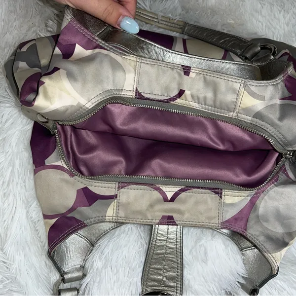 Coach Op Art Scarf Print Signature Shoulder Bag with Purple and Silver Detail - Image 6