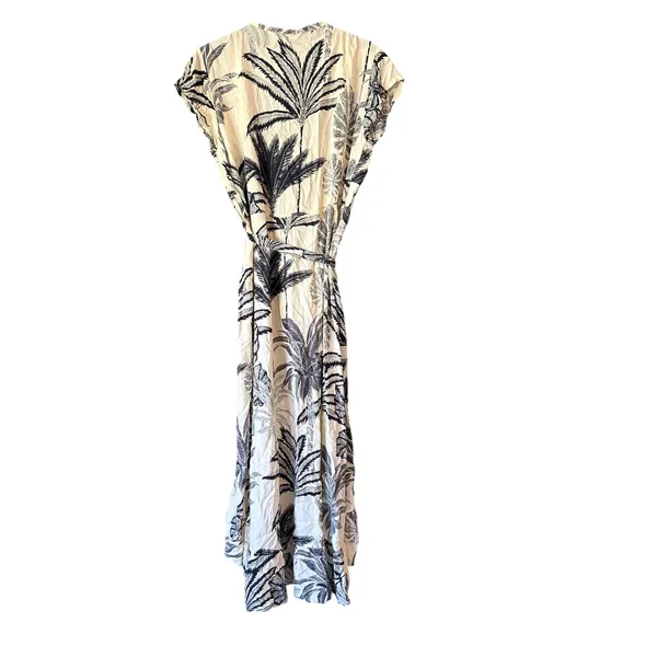 Tropical Palm Print Wrap Dress Cream Black Ruffle High Low Midi Small‎ - Image 6