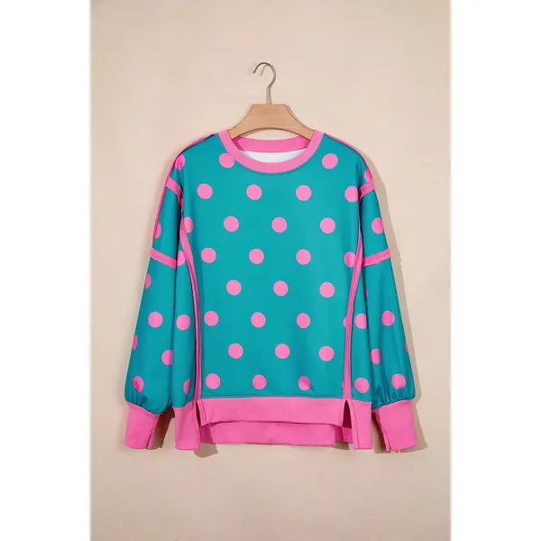 Polka Dot Contrast Patchwork Round Neck Baggy Sweatshirt - Small - Image 7