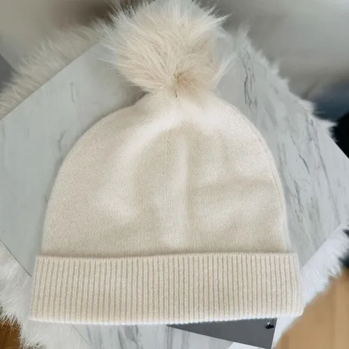 Nordstrom Faux Fur Cashmere Pompom Beanie, 100%Cashmere, Ivory Cream, NWT - Image 2