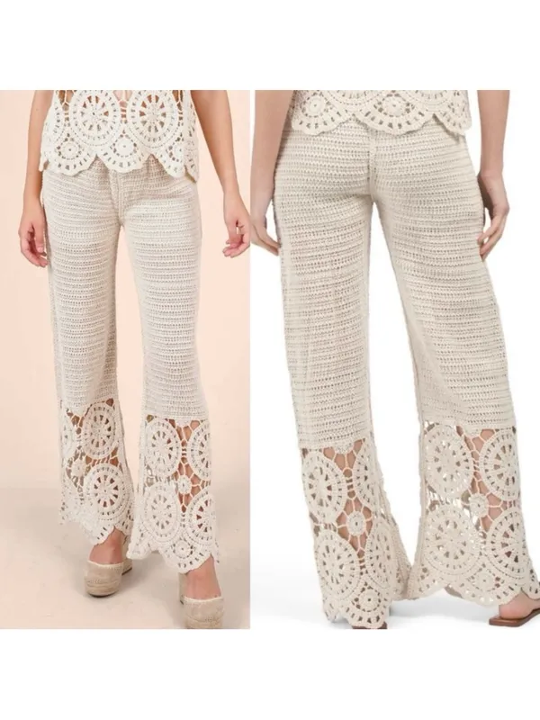 Solitaire X Anthropologie Crochet Wide Leg Pants Cream Ivory Boho Bohemian - Image 2