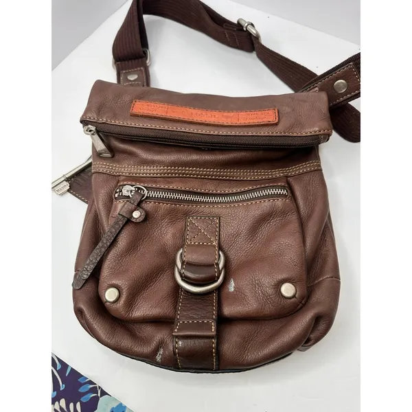 Vintage Y2K Fossil Genuine Leather Crossbody Bag – Distressed Brown Key Charm - Image 12