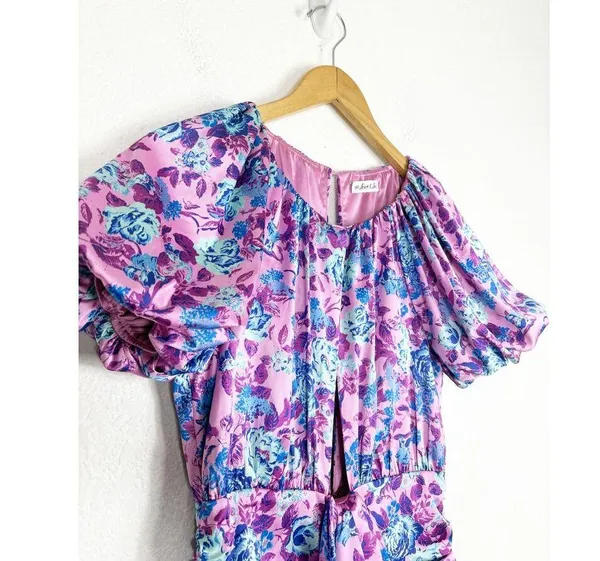 For Love & Lemons Tahiti Ruched Mini Dress Small Purple Floral Satin Cottagecore - Image 8