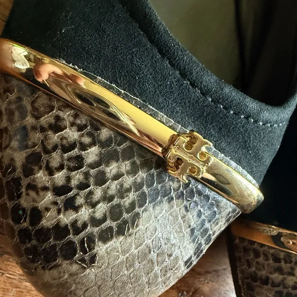 Tory Burch Pacey Driver Black Suede & Snakeskin With Gold Bar Ballet Flats 10.5 - Image 8