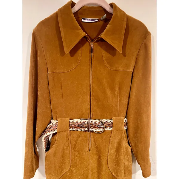 Vintage Amanda Smith Faux Suede Shirt Dress With Boho Braided Belt Tan Size 10 - Image 4