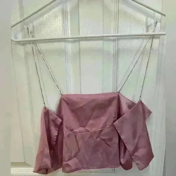 Backless Satiny Pink Crop Tank with Jeweled Spaghetti Straps Size S - Image 4