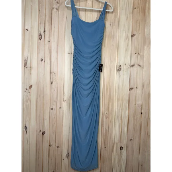 NWT Lulus Amazing Presence Slate Blue Mesh Ruched Column Maxi Dress Banquet S - Image 2