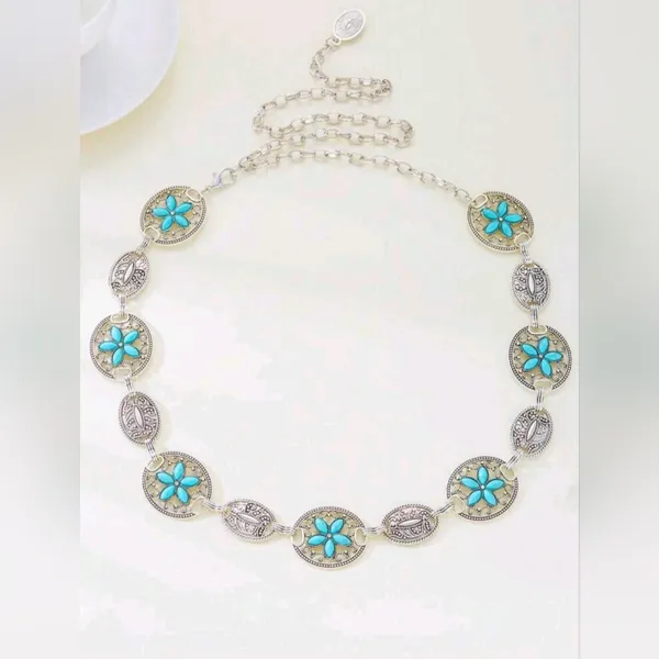 Turquoise Silver Color Vintage Carved‎ Flower Style, Waist Chain Belt - Image 7