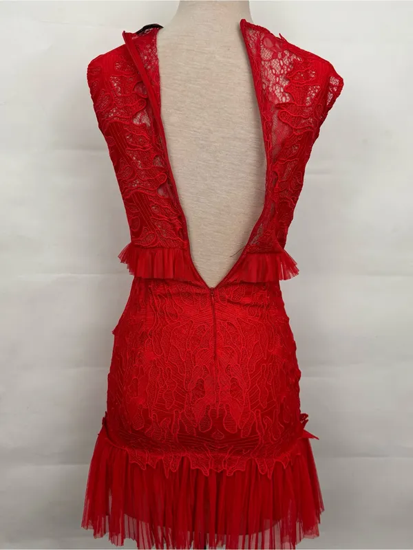 Bardot Red Sleeveless Lace Tiered Mini cocktail Dress 6/S - Image 4