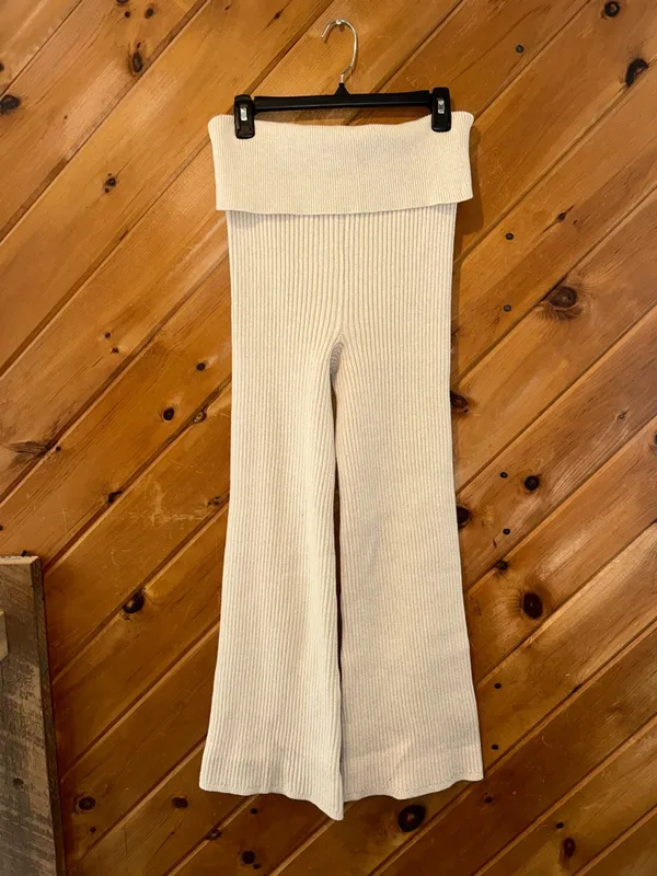 Aerie ribbed Late Night fold over flared knit pants in beige - Image 5