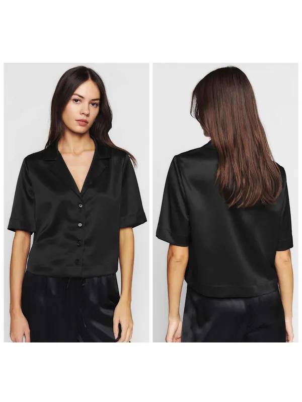 Reformation NWT SILK $148 Woman’s S Hanson Black Satin Button-Up Top Size Small - Image 2