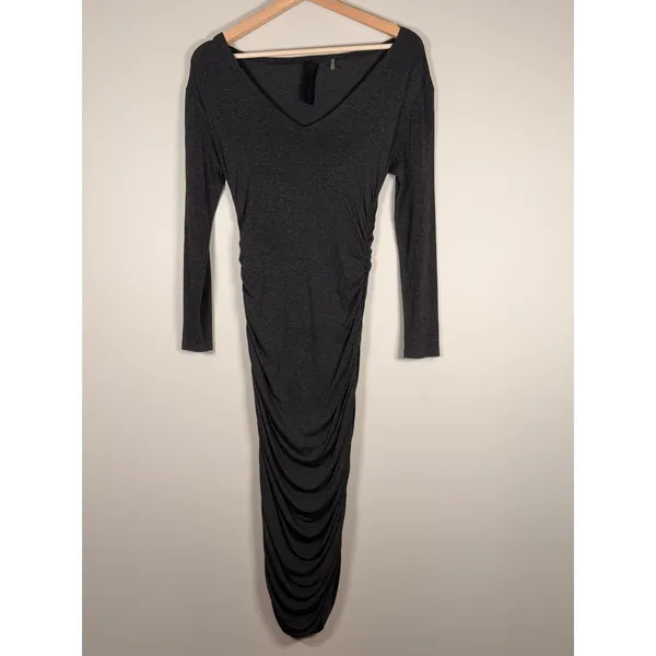 Norma Kamali Gray Ruched Long Sleeve Scoop Neck Raw hem Bodycon Midi‎ Dress XS - Image 2