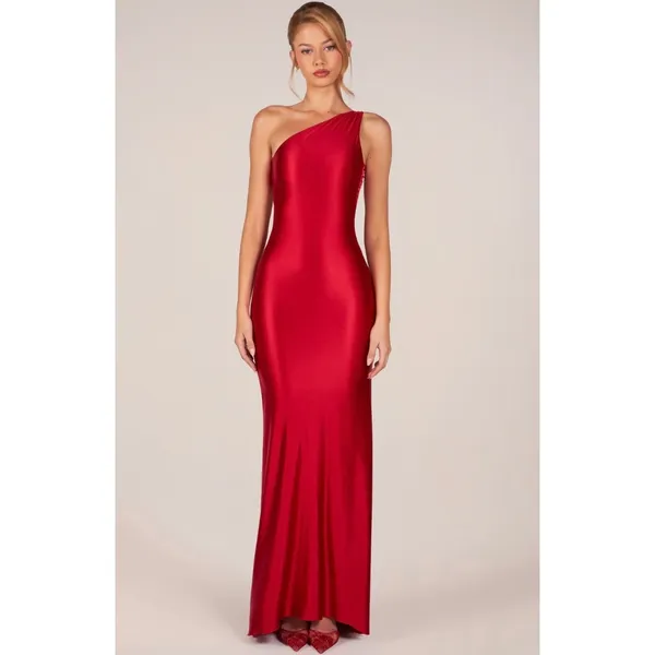 Oh Polly Adelina Asymmetric Tie Back Maxi Gown Dress in Cherry Red Size M New - Image 4
