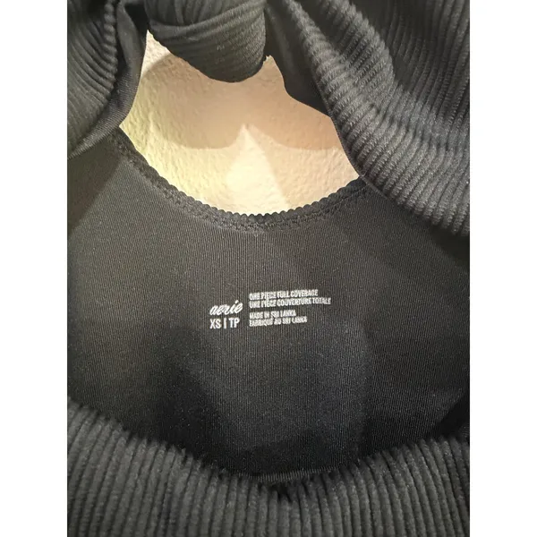 Aerie Ribbed One Piece Swimsuit Black Front Cutout Knot Detail Full Coverage XS - Image 2