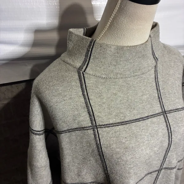 Tahari Womens XL‎ Grey Windowpane Plaid Mock Neck Knit Sweater Long Sleeve - Image 2