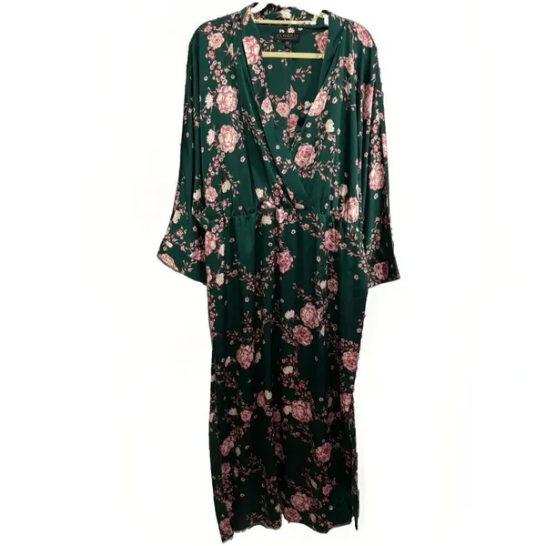 Eloquii Womens Satin Faux Wrap Dress Green Pink Floral Blossoms Kimono-Inspired - Image 4
