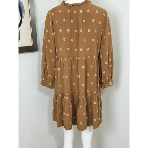 Madewell Women’s Brown Floral Tiered Mini Dress Long Sleeve Peasant Boho Size M - Image 7
