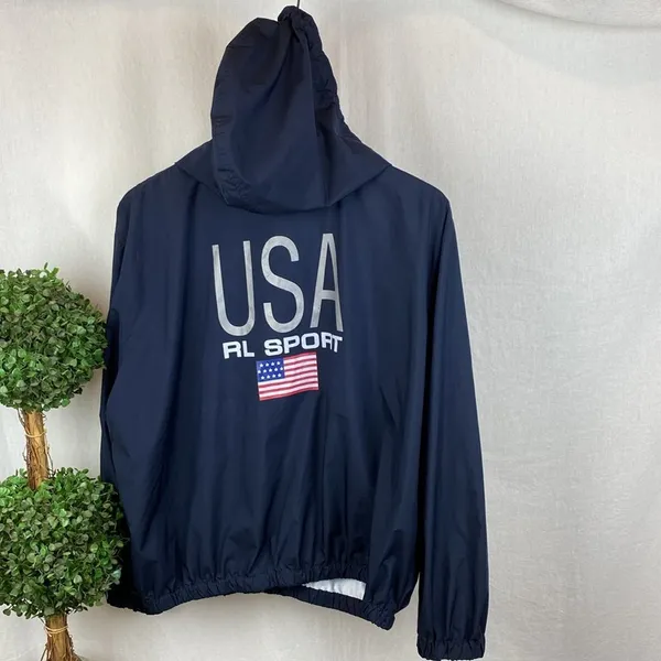 Ralph Lauren Polo USA Blue Zip Up Hoody Spell Out Logo Windbreaker Jacket L - Image 5