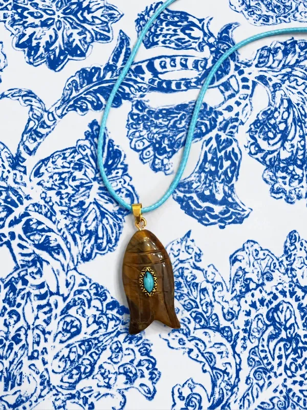 Revolve x Adina Eden Tiger's Eye Fish Pendant Faux Leather Rope Necklace - Image 4