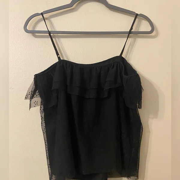 Womens J. Crew Black Spaghetti Strap Ruffle Lace Cover Tank Top‎ Size Small - Image 2