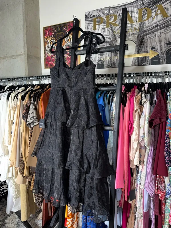 Lulus Black Burnout Jacquard Tie Strap Bustier Midi Dress Large New NWT - Image 11
