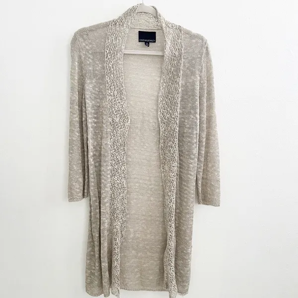 Cynthia Rowley Linen Cardigan Sweater Duster Open Knit Taupe Womens Medium NWOT - Image 2